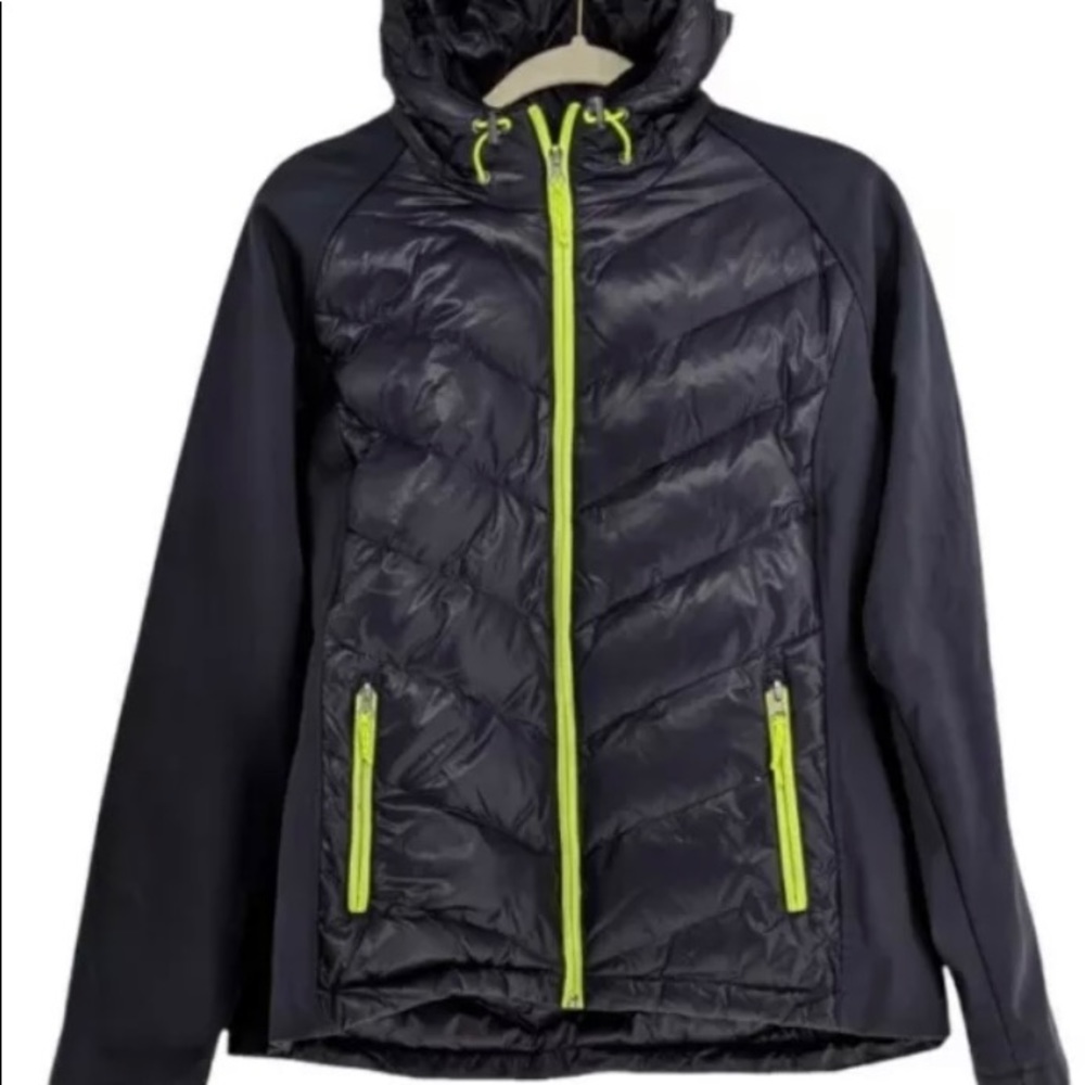 Free Country Live In It Down Winter Jacket Hooded Black Neon Green Full Zip XL